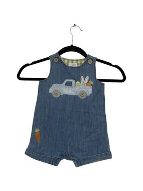 Mud Pie Baby Boys Size 9-12 Months Applique Car Pocket Shortall One Piece Blue
